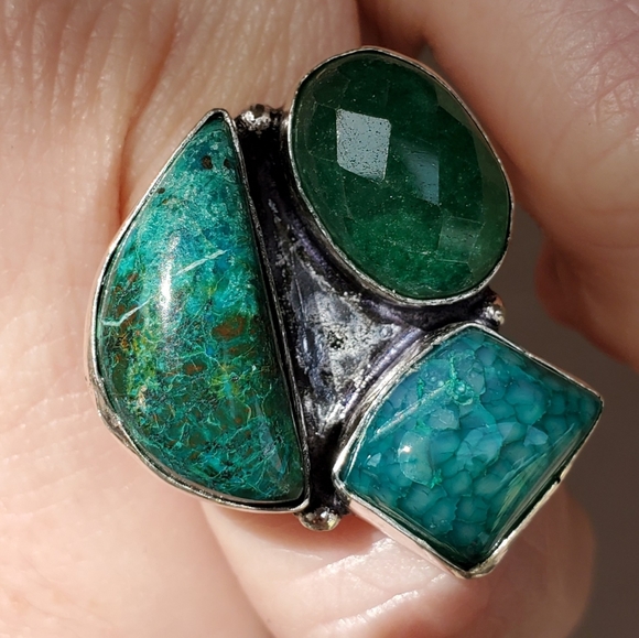 New Chrysocolla, Dragon Veins Agate, Emerald 925 Silver Ring. - Picture 1 of 16